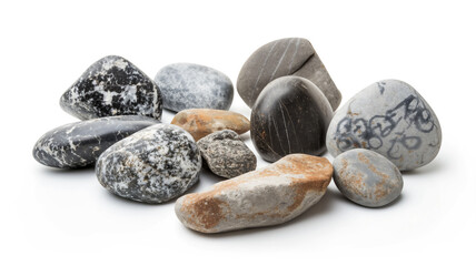 Collection of various pebbles with different patterns and textures, isolated on white.