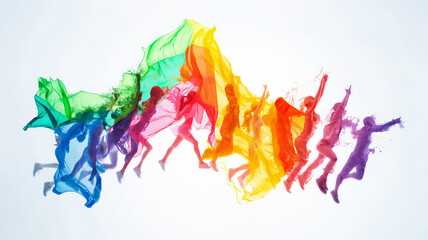 Silhouettes of people with colorful trails resembling vibrant flowing fabric, symbolizing movement and energy.