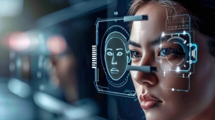 Authentication by facial recognition biometric technology concept - obrazy, fototapety, plakaty