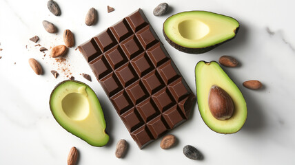 Dark chocolate bar with avocado halves and cocoa beans on a marble surface.