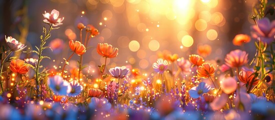 Enchanting D Clay Sunset Illuminated Wildflower Field - obrazy, fototapety, plakaty