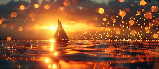 Tranquil D Clay Sunset with Sailboat Silhouette against Golden Bokeh Lights - obrazy, fototapety, plakaty
