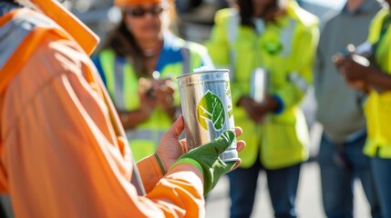 Inside a disaster relief base a worker holds up a canister of biofuel explaining its benefits to a group of volunteers. The container is labeled with a green leaf symbol signifying .