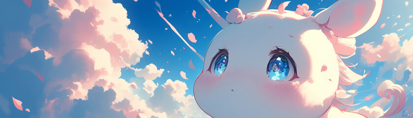 A chubby white baby baby unicorn's face, surrounded by fluffy clouds in pastel hues. Sakura add a touch of whimsy to the minimalistic scene, evoking a sense of innocence and charm - obrazy, fototapety, plakaty