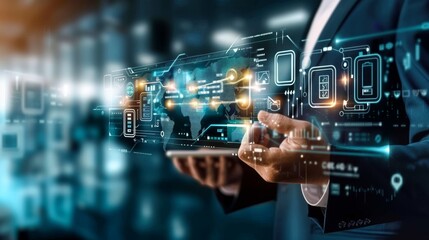 Businessman holding virtual technology interface panel