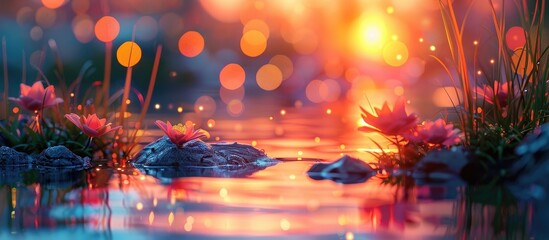 Tranquil D Clay Sunset Reflection on a Pond with Bokeh Lights