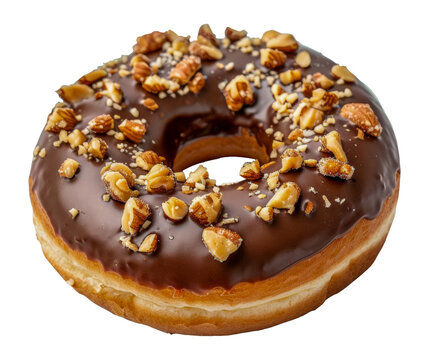 A chocolate donut with nuts on top, cut out - stock png.