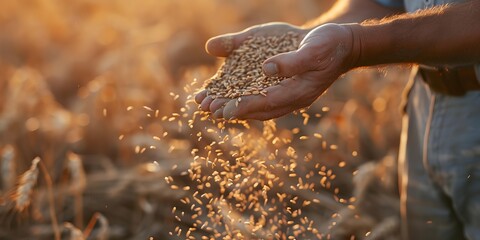 A man is holding a handful of grain in the air - obrazy, fototapety, plakaty