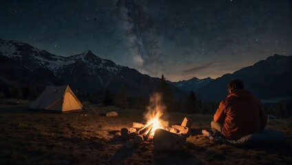 An adventurous solo traveler warming up by a roaring bonfire under the starlit sky in a remote mountain campsite Generative AI - obrazy, fototapety, plakaty