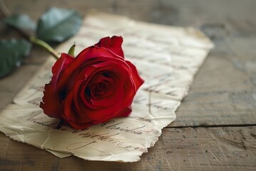 A red rose is on top of a piece of paper with a handwritten message