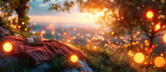 Outdoor-Kissen Tranquil D Clay Sunset Panorama with Picnic Blanket on Hillside © Sittichok