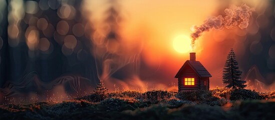 Tranquil D Clay Sunset A Secluded Cabin in the Woods Radiating Warmth and Solitude - obrazy, fototapety, plakaty