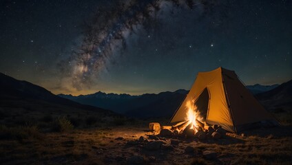 An adventurous solo traveler warming up by a roaring bonfire under the starlit sky in a remote mountain campsite Generative AI