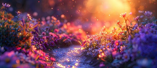 Dreamy D Clay Sunset A Garden Path Ablaze with Colorful Radiance - obrazy, fototapety, plakaty