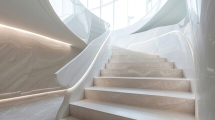The natural light streaming in through the skylight above illuminates the marble staircase...