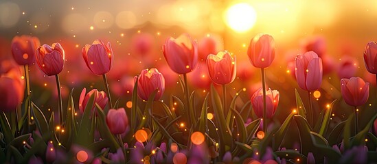 Mesmerizing D Clay Sunset with Swaying Tulips Field - obrazy, fototapety, plakaty