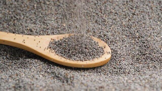 Poppy seeds pour onto the wooden spoon, in slow-motion.