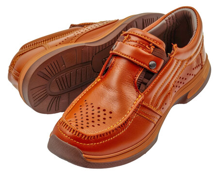 A pair of brown shoes with a brown sole and a brown top, cut out - stock png.