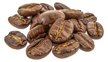A pile of coffee beans with a brown color, cut out - stock png.