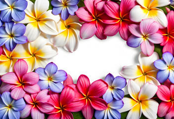 Landscape view of fresh wet plumeria daisy cosmos and periwinkle flowers on white background