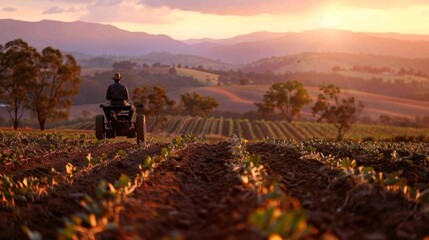 In the early morning light a farmer sits atop a biofueloperated plough expertly guiding it through the fields. The combination of traditional farming ods and modern biofuel technology . - obrazy, fototapety, plakaty