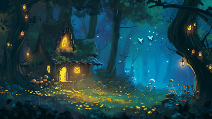 Witch house in dark wood with glowing mushrooms grow on trees and ground. Generative Ai