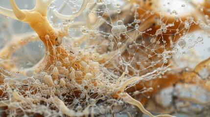 A tangled mess of hyphae resembling a thick spider web with small droplets of moisture clinging to its surface. This fungus thrives