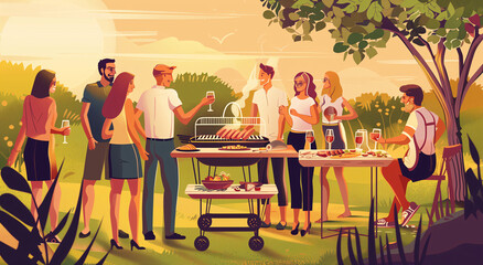 An illustration of a group of friends enjoying a party or barbecue in the countryside or garden in summer. Concept meeting of friends, celebrations, party.