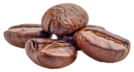 A close up of coffee beans with the beans spread out, cut out - stock png.