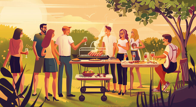 An illustration of a group of friends enjoying a party or barbecue in the countryside or garden in summer. Concept meeting of friends, celebrations, party.