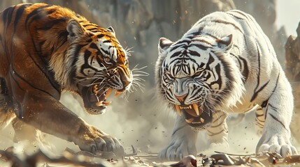 White Tiger And Orange Tiger Face To Face