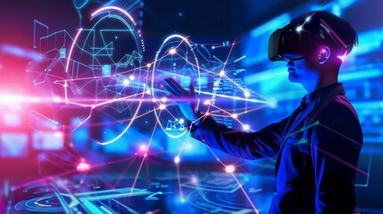 Fototapeta na wymiar man with virtual reality VR goggle interact with virtual interface panel