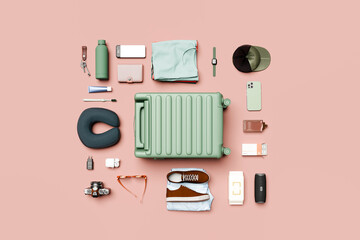 Neatly arranged luggage essentials. Suitcase, travel 3D concept 