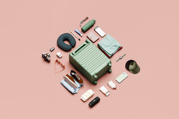 Neatly arranged luggage essentials. Suitcase, travel 3D concept 