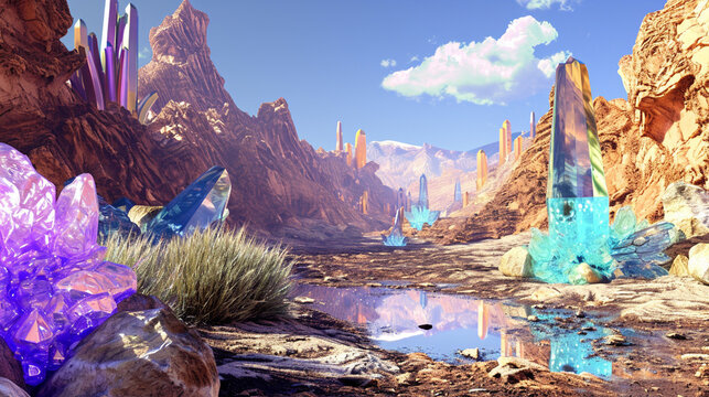 Sparkling crystals adorn a desert oasis, reflecting a mirage of mythical creatures . Generative Ai