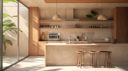 Fototapeta premium Home mock up, cozy modern kitchen interior background, 3d render