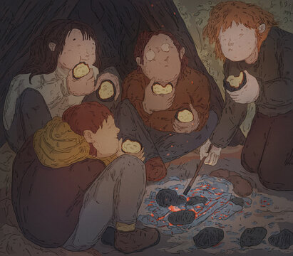 Children eating ash roasted potato