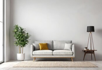 The interior has a armchair on empty white wall background