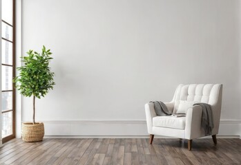 The interior has a armchair on empty white wall background - obrazy, fototapety, plakaty