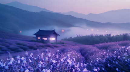 House with windows light in Lavender flowers farm field in foggy morning