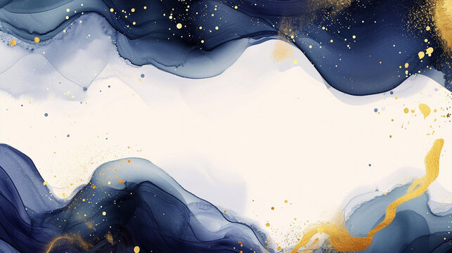 wedding or menu with abstract navy blue ink waves and golden splashes. Generative Ai