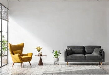 The interior has a armchair on empty white wall background - obrazy, fototapety, plakaty
