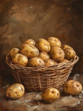 Potatoes in an artistic painted basket - A digital painting of robust potatoes overflowing from a painted wicker basket