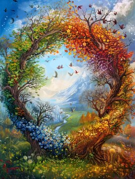 Vibrant fantasy trees forming a heart shape - A dreamy depiction of two vibrant trees in a fairytale landscape creating a heart-shaped space with a clear, blue sky, This artwork exudes a sense of magi