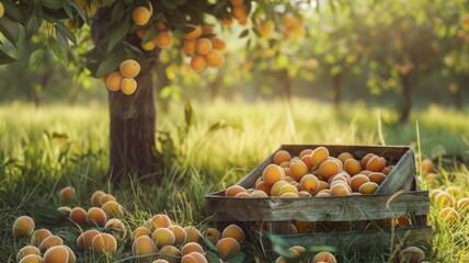 Peach orchard with ripe fruits - A serene peach orchard with a basket of freshly harvested fruits bathed in warm sunlight - obrazy, fototapety, plakaty