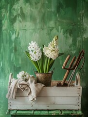 Rustic gardening concept with hyacinths - A rustic display of blooming white hyacinths in a tarnished metal pot and gardening tools on a worn wooden crate against textured green background