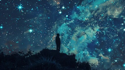 Person gazing at an awe-inspiring starry universe - A silhouette of a single person standing against the mesmerizing vastness of a star-filled night sky evokes wonder