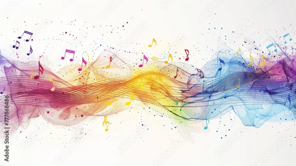 Poster colorful abstract musical notes on a wave - a vibrant abstract representation of musical notes flowi