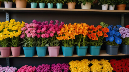 A vibrant selection of potted flowers, displayed on shelves at a florist shop, showcasing a variety of colors and species. - obrazy, fototapety, plakaty