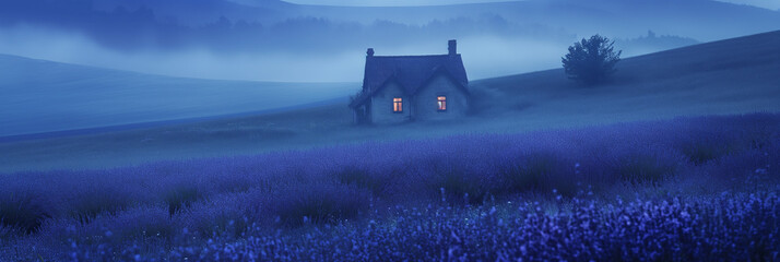 House with windows light in the middle of Lavender flowers field in foggy night
